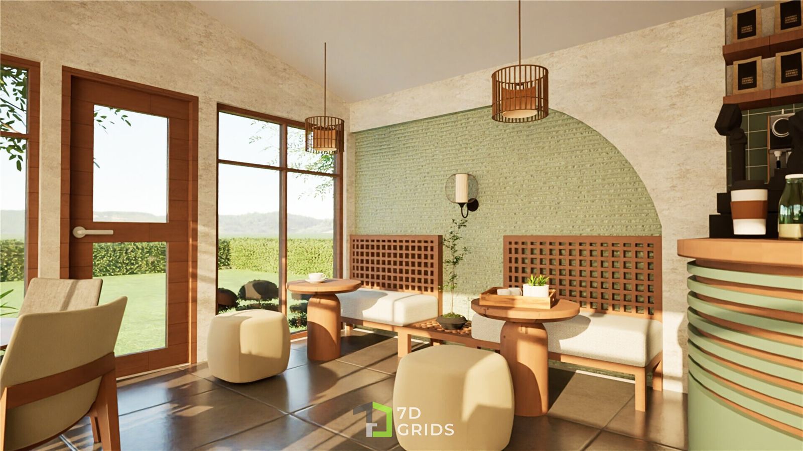 Cafe F cozy seating nook with lattice benches