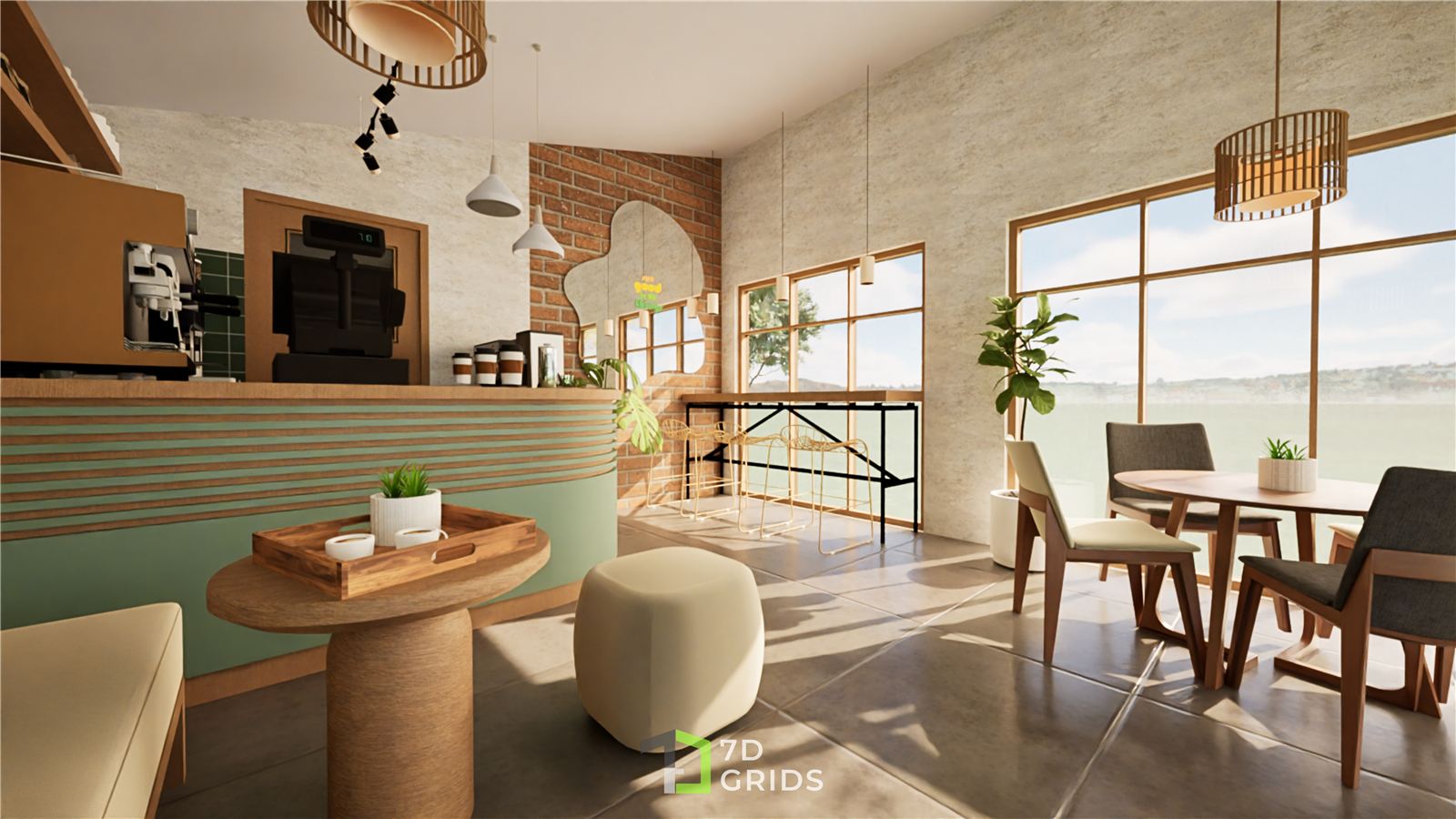Cafe F counter, register, and dining area