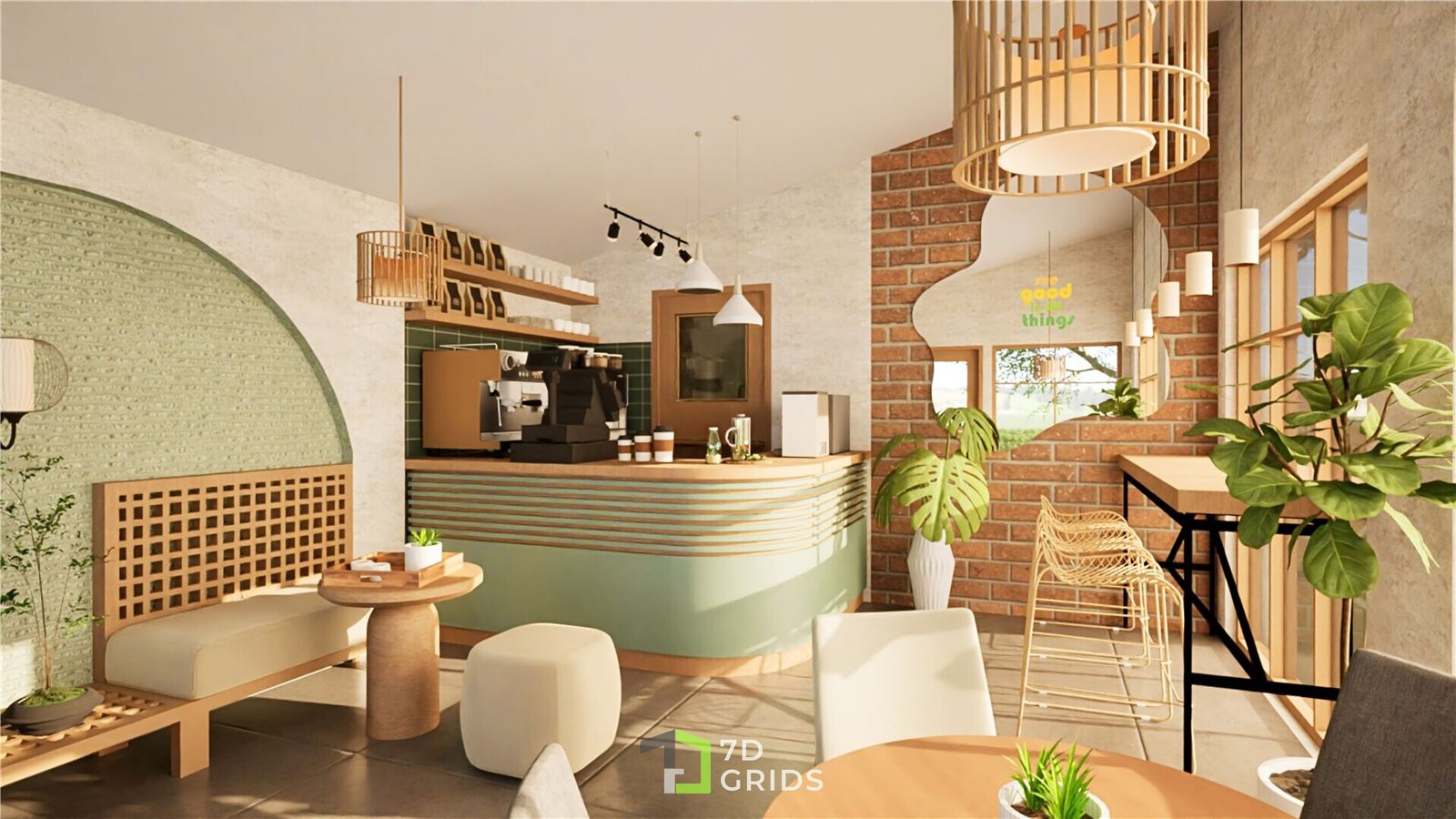 Cafe F counter with pendant lighting and bar seating