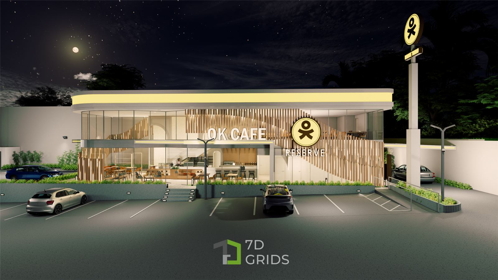 OK Cafe Reserve exterior at night, designed by 7D Grids