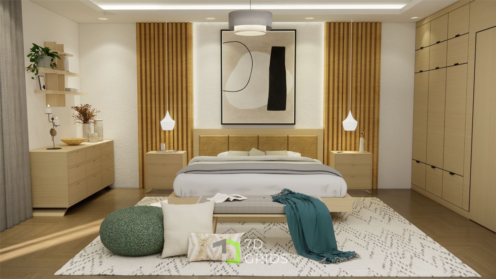 Casa R bedroom with rattan headboard, evening light