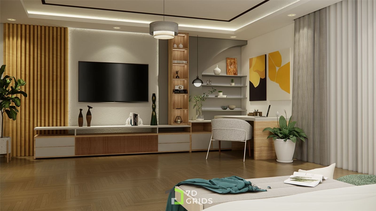 Casa R TV wall and study nook, wide view
